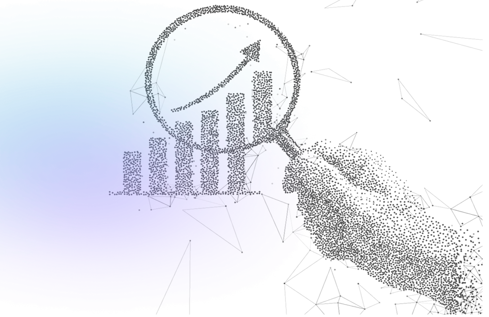 dotted outline of a hand holding a serch glass with an upward trend graph